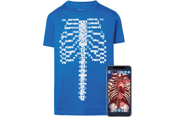 virtuali-tee, koszulka AR anatomia, interaktywna koszulka edukacyjna, edukacja STEM, nauka biologii AR, gadżety edukacyjne 3D, koszulka z aplikacją mobilną