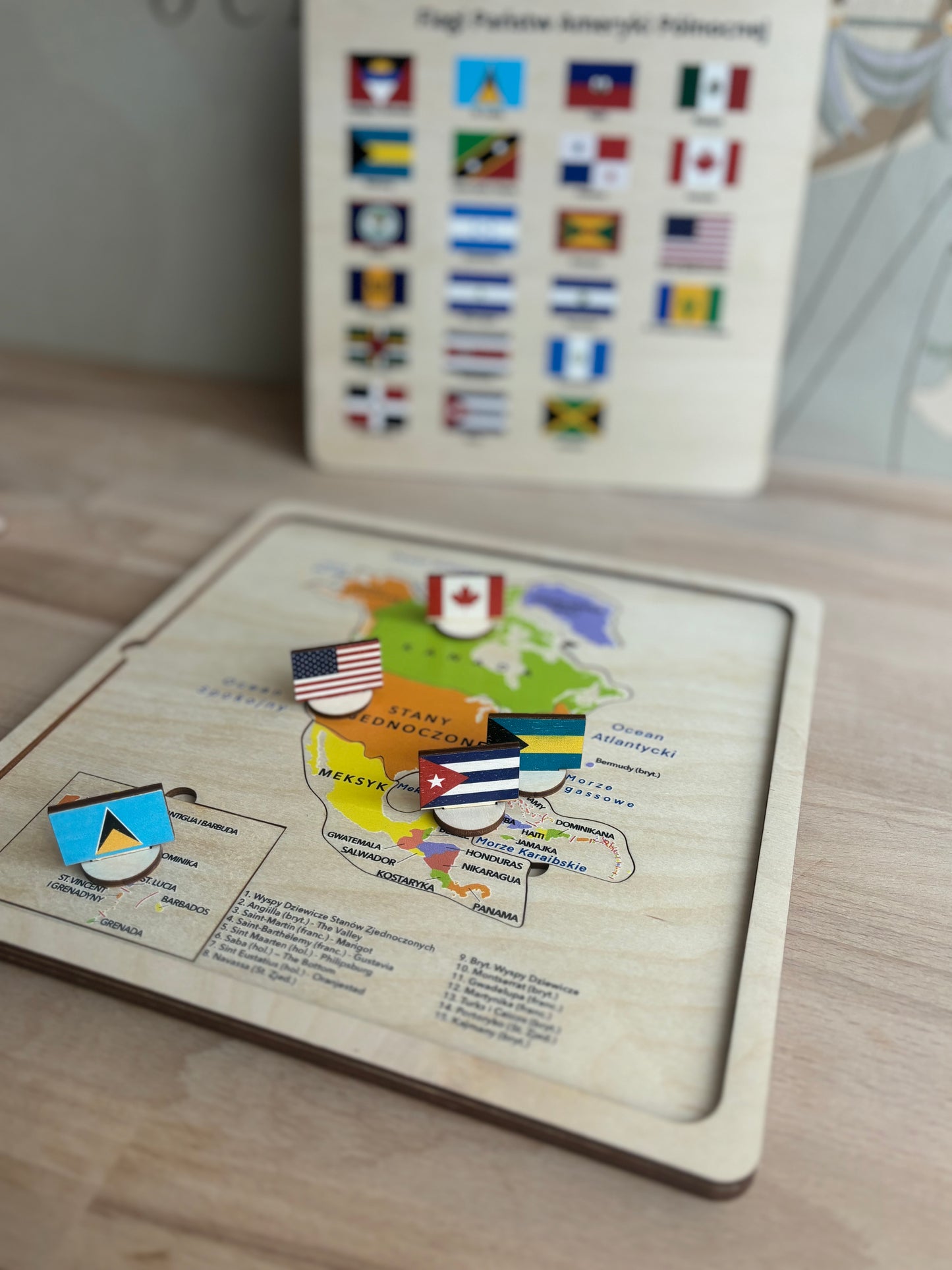 Drewniane układanki Montessori – Mapy kontynentów | Nauka Geografii i Flag | Edukacyjna Zabawka STEM
