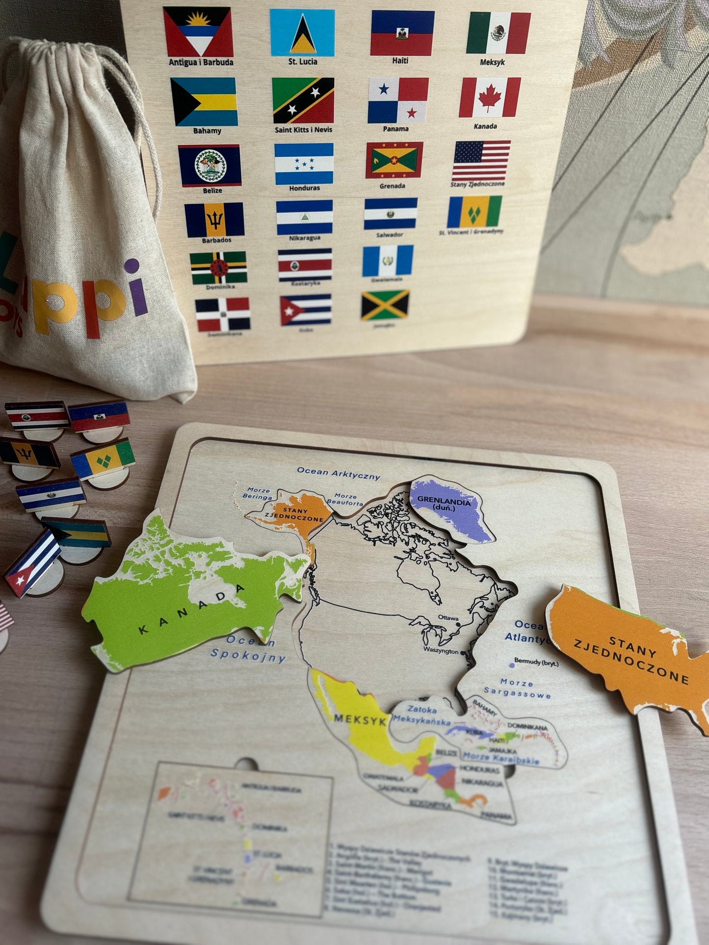 Drewniane układanki Montessori – Mapy kontynentów | Nauka Geografii i Flag | Edukacyjna Zabawka STEM