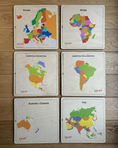 Drewniane układanki Montessori – Mapy kontynentów | Nauka Geografii i Flag | Edukacyjna Zabawka STEM